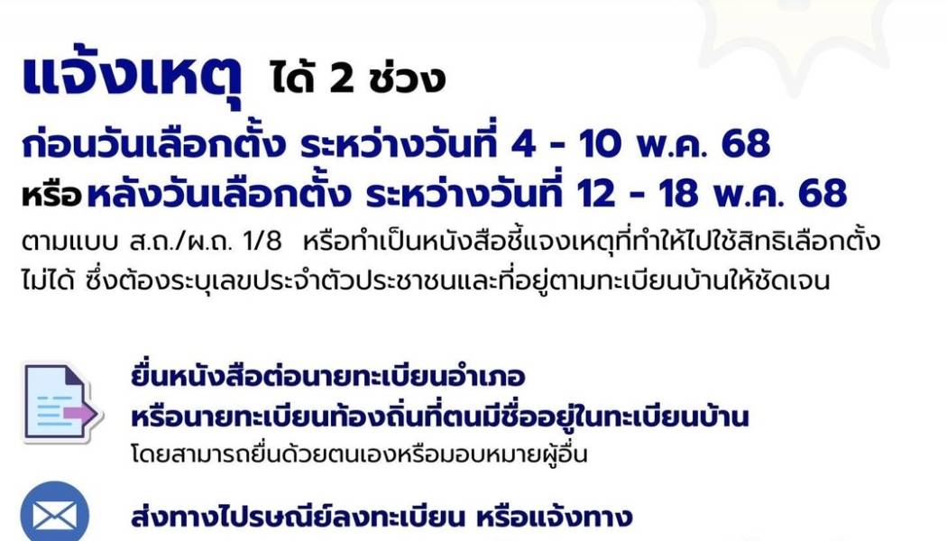 แจ้งเหตุจำเป็นที่ไม่อาจไปใช้สิทธิเลือกตั้งเทศบาล ผ่านช่องทางอิเล็กทรอนิกส์ ได้แล้ววันนี้!
